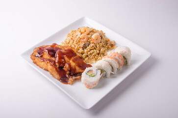 rice with chicken on white plate