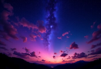 Fototapeta premium A purple and blue sky with clouds and a milky way in the background