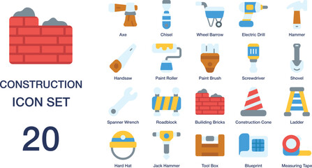 Ideal for construction websites, apps, or presentations, this set of 20 icons includes various tools and equipment for builders.