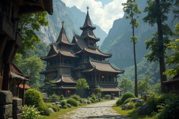 Fototapeta premium A large pagoda in the middle of a lush green forest