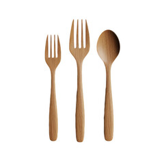 Collection of eco-friendly wooden utensils, including spoon, fork, and knife