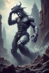 A demonic creature with horns and horns on his head in the middle of a city