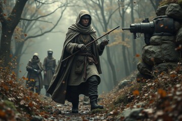 A group of people walking through a forest with a machine gun