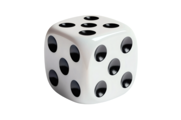 Isolated large white die with black dots on transparent background, template of dice, gambling addiction or table game concept, PNG