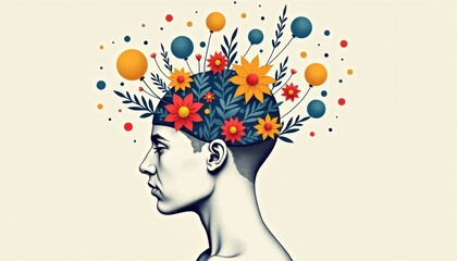 Abstract human profile with flowers and shapes representing thoughts  