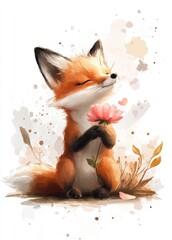 Cute fox holding a flower in a peaceful garden setting with soft colors