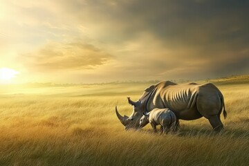 Fototapeta premium A large rhino and its calf graze peacefully in a field