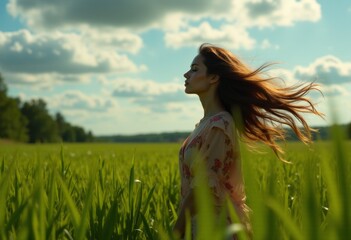 Obraz premium A woman standing in a field of green grass with her hair blowing in the wind