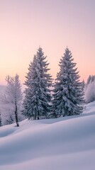 Fototapeta premium Snow-covered Landscape at Dawn With Tall Trees and a Pastel Sky in Winter
