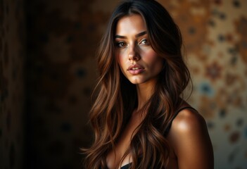 Fototapeta premium A woman with long brown hair standing in front of a wall