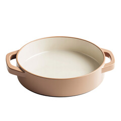 A Modern Ceramic Cake Pan with Polished Finish and White Bowl with Brown Rim Isolated on Transparent Background