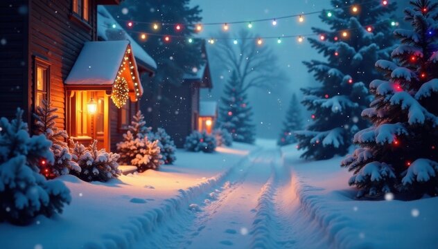 Snowy winter scene with festive decorations and colorful lights, , blue background vector, winter