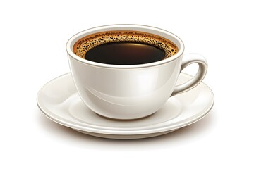 Fototapeta premium A white coffee cup with a black rim sits on a white plate. The coffee is dark and has a rich aroma. The cup is placed on a white background, which gives it a clean and simple appearance