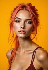 Naklejka premium A woman with bright orange hair is posing for a picture
