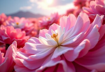 Fototapeta premium A field of pink flowers with a white flower in the middle