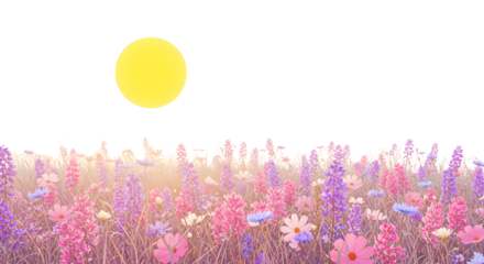 Field of colorful wildflowers under a bright sky with sunlight