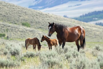 Fototapeta premium A family of horses standing together in a grassy field