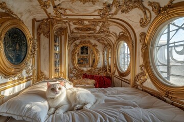 a white cat relaxing on a big bed in a fancy gold room - luxurious pet house