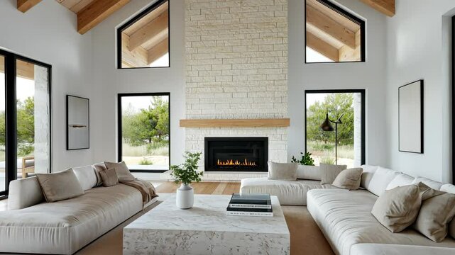 Luminous living space with pristine white seating, framing fireplace, stone windows arched verdant garden landscape farmhouse video 4k