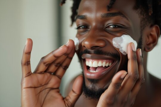 A man shaving his face with a foam on his face