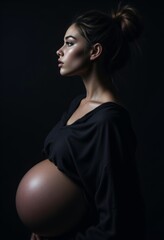 Naklejka premium A pregnant woman in a black shirt is posing for a picture