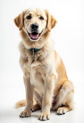 A golden retriever dog sitting on a white background