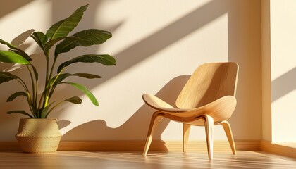 Elevate your remote work with this minimalist setup Featuring a modern chair, small potted plant adding a touch of nature, and soft focus background to minimize distractions This serene scene offers