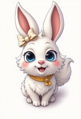 a white bunny with blue eyes and a bow on its head