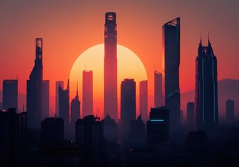 Stunning skyline at sunset with towering skyscrapers and vibrant colors