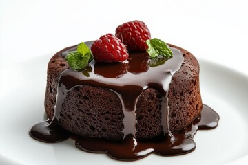 Freshly baked chocolate lava cake with berries on white plate
