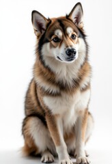 Fototapeta premium A brown and white dog sitting on a white surface