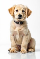 A puppy sitting on a white surface with a black collar