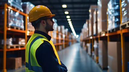 Dedicated warehouse worker observing operations in a busy logistics environment overseeing stock management 