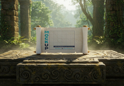 Old Scroll Papyrus Roll on Ancient Forest Place Mockup