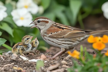 Fototapeta premium A bird with chicks standing near some colorful flowers