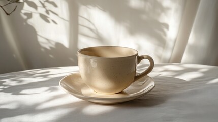 Soft Shadows and a Beige Cup on a Table Creating a Serene Morning Atmosphere