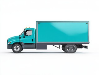 Teal Box Truck on White Background Side View 3D Rendering