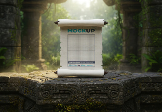 Scroll Papyrus Roll on Ancient Forest Place Mockup