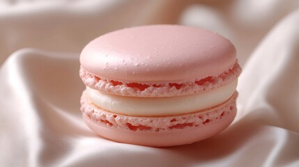 Pink macaron resting on delicate white silk fabric
