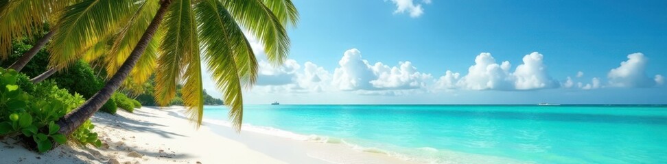 Fototapeta na wymiar Palm trees sway gently in the warm ocean breeze on a sandy beach with turquoise waters, ocean, palm trees