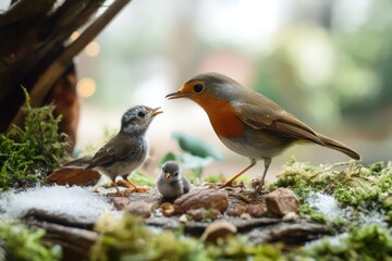 A bird with two babies near a verdant mossy area