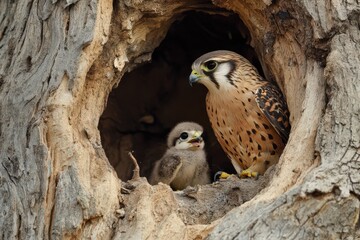 A mother bird and chick nestled inside a tree cavity