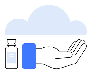 Open hand extended beneath a cloud alongside a medicine bottle, symbolizing healthcare, support, wellness, and sustainability. Ideal for healthcare, generosity, balance, protection trust