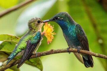 Obraz premium A colorful hummingbird feeding a smaller hummingbird with a flower