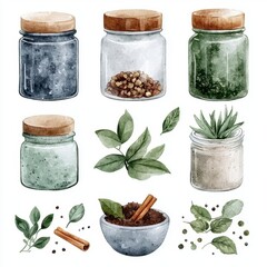 Watercolor Spices and Herbs in Glass Jars on White Background