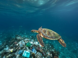 Obraz premium A sea turtle glides effortlessly in the pristine blue ocean, navigating near a bed of debris and trash accumulated on the seabed, highlighting marine pollution's impact.