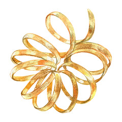 Gold curl from vibrant collection of bows, ribbons. Hand-painted in watercolor with gold paint accents. Isolate element is presented for decorating, designing textile, wallpaper, prints, packaging