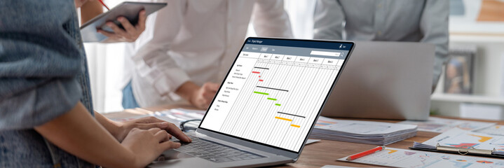Project planning software for brisk business project management on the computer screen showing...