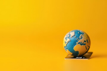 A small globe model rests on a credit card on a yellow surface