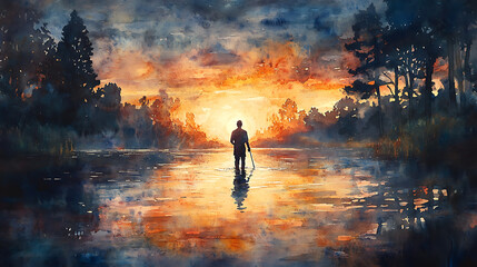 Fototapeta premium Artistic dawn landscape with Peter’s shadowed figure fishing, subtle divine shimmer glowing from the water’s center, cinematic biblical sceneHighly detailed, cinematic composition,